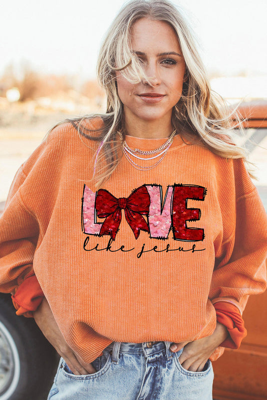 Valentine's Day LOVE Bow Oversized Ribbed Corduroy Sweatshirt