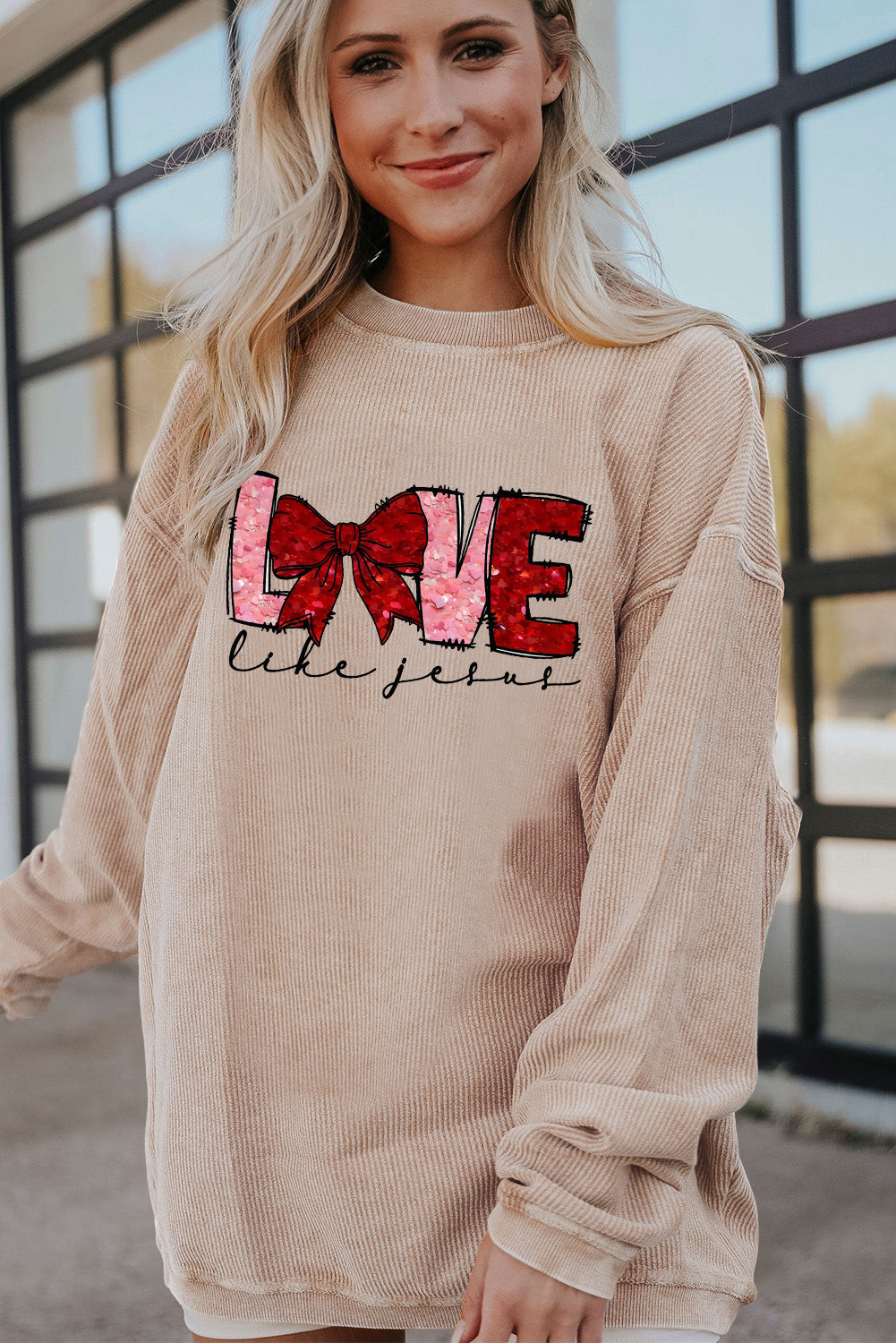 Valentine's Day LOVE Bow Oversized Ribbed Corduroy Sweatshirt