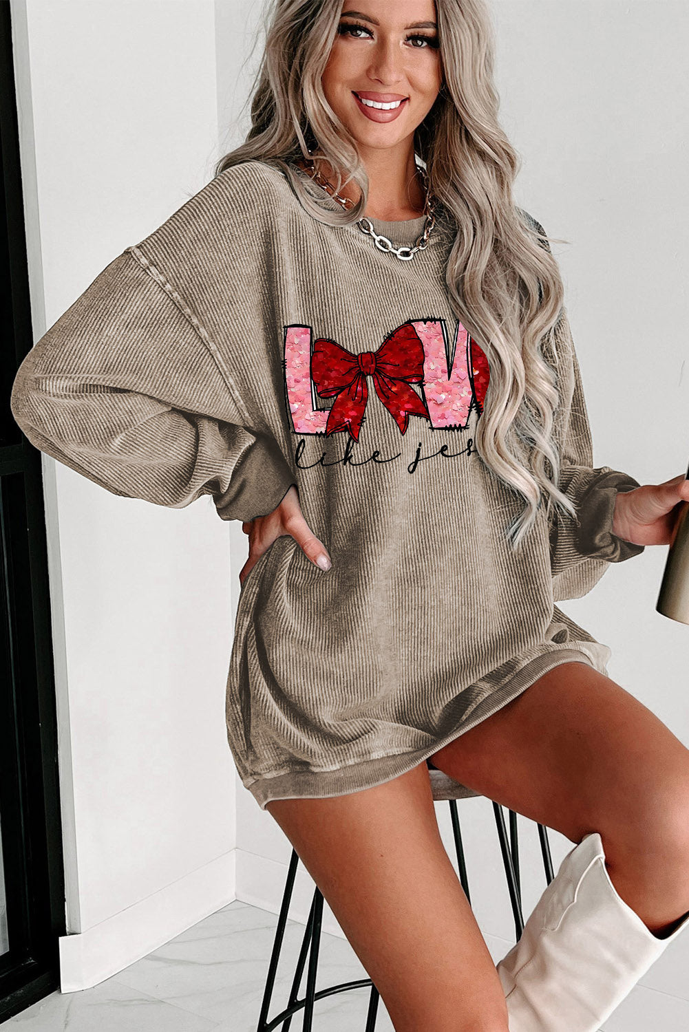 LOVE Bowtie Valentine's Day Crew Neck Knit Sweatshirt