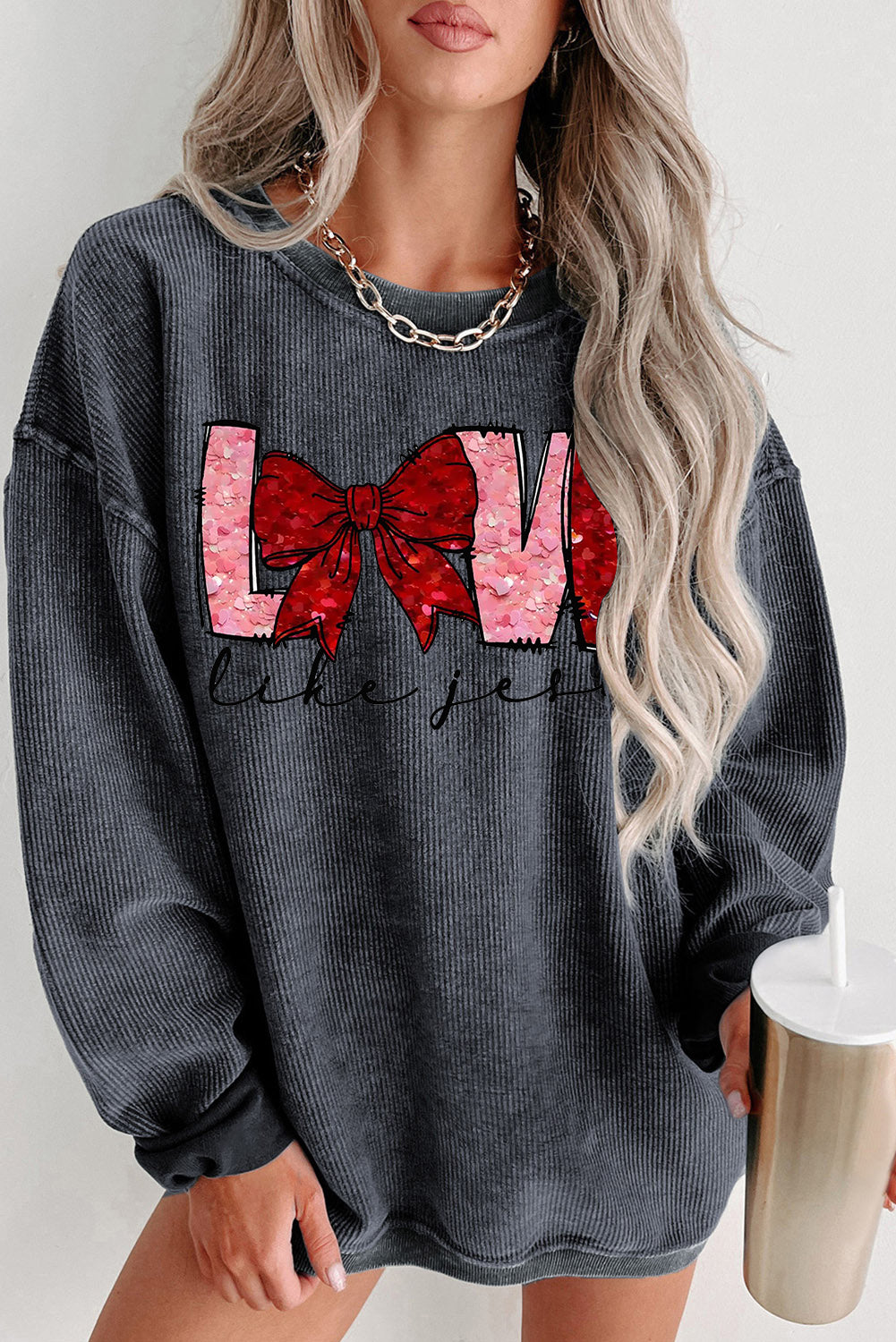 LOVE Bowtie Valentine's Day Crew Neck Knit Sweatshirt