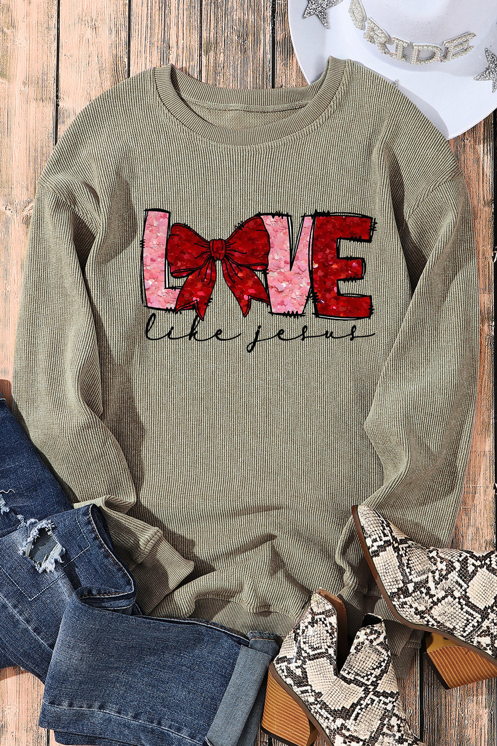 LOVE Bowtie Valentine's Day Crew Neck Knit Sweatshirt