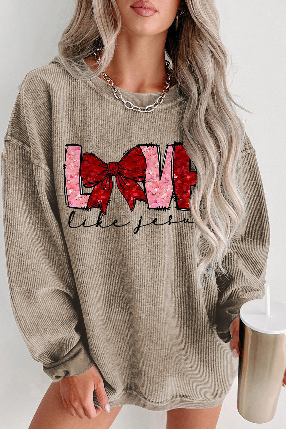 LOVE Bowtie Valentine's Day Crew Neck Knit Sweatshirt