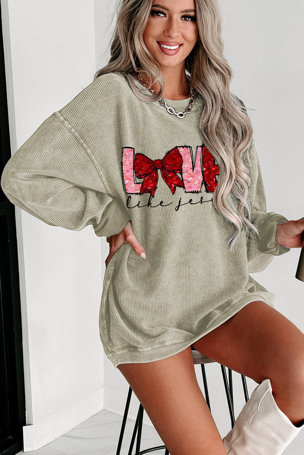 LOVE Bowtie Valentine's Day Crew Neck Knit Sweatshirt