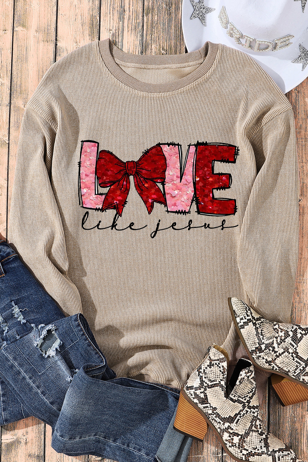 LOVE Bowtie Valentine's Day Crew Neck Knit Sweatshirt