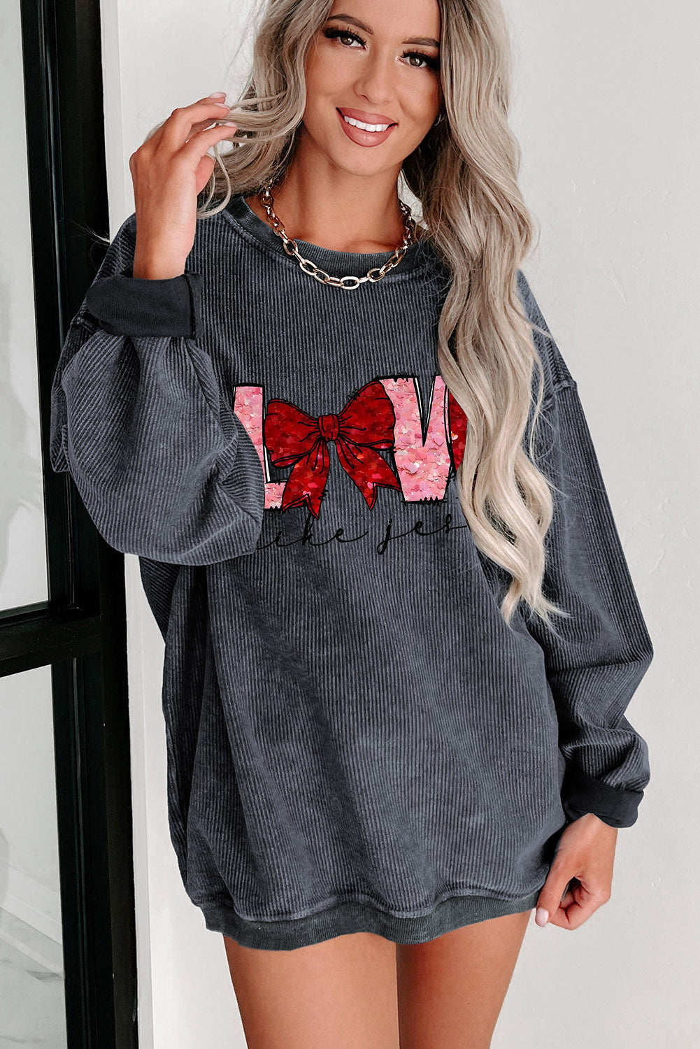 LOVE Bowtie Valentine's Day Crew Neck Knit Sweatshirt