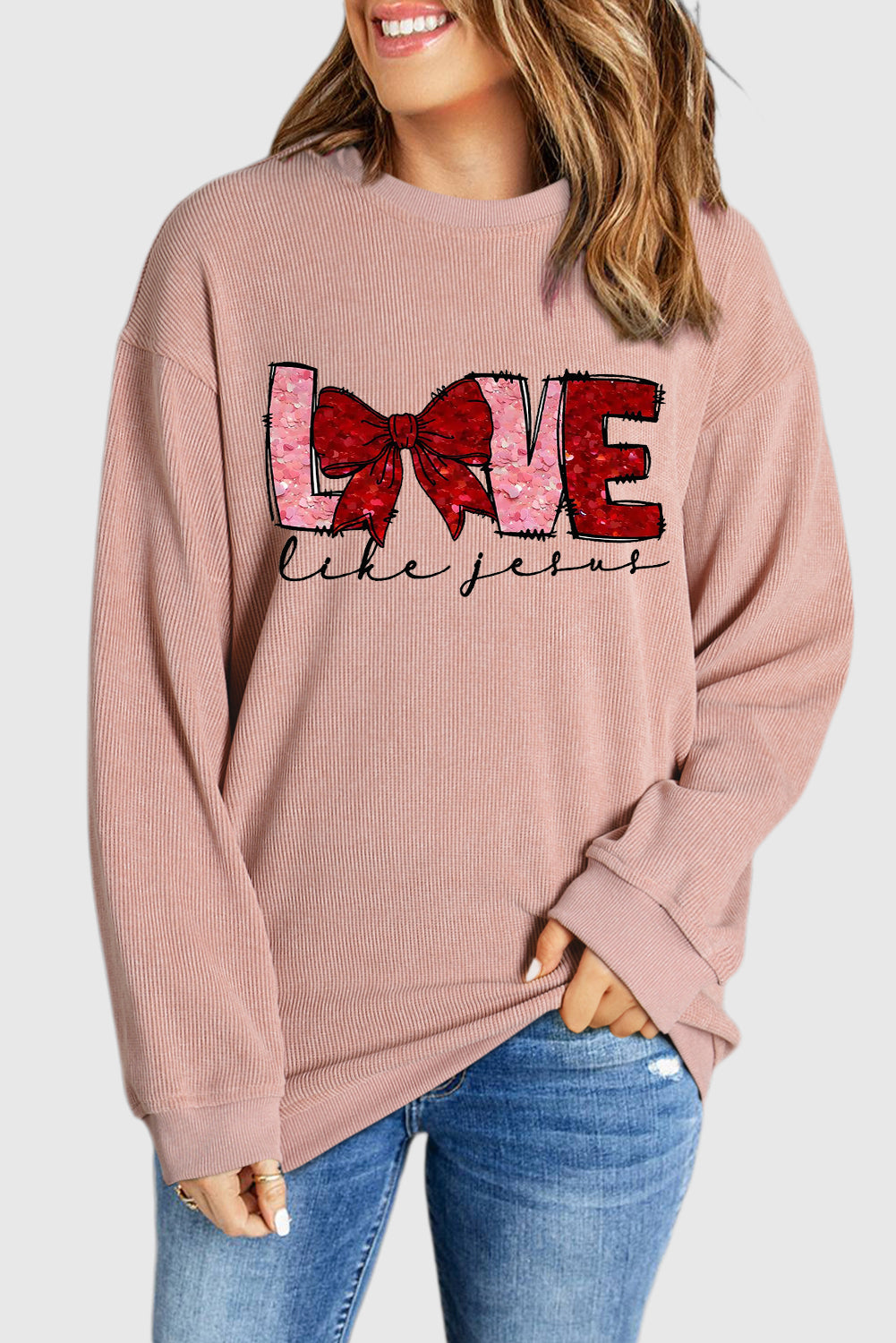 LOVE Bowtie Valentine's Day Crew Neck Knit Sweatshirt