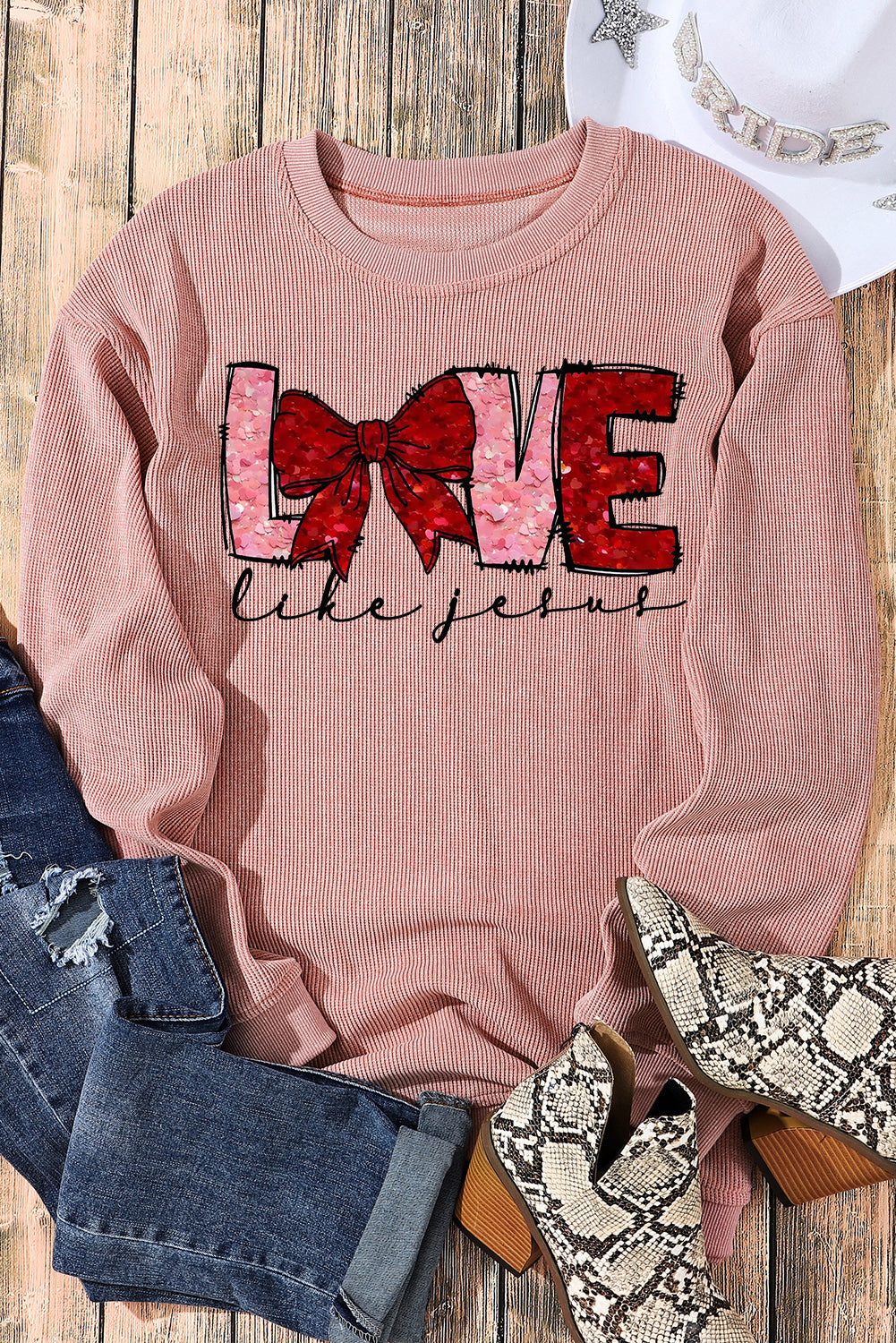 LOVE Bowtie Valentine's Day Crew Neck Knit Sweatshirt