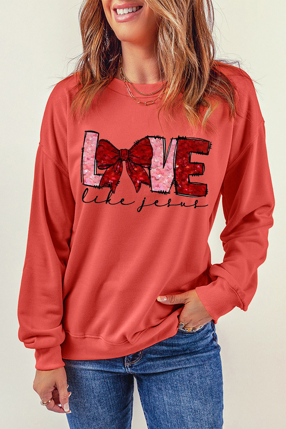 LOVE Valentine's Day Sequin Bow Crew Neck Pullover Sweatshirt