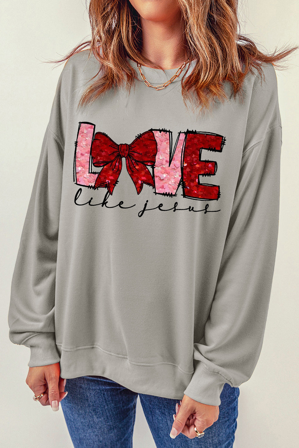 LOVE Valentine's Day Sequin Bow Crew Neck Pullover Sweatshirt