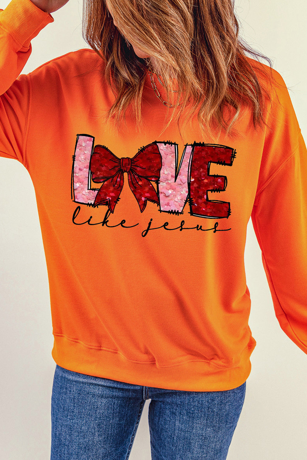 LOVE Valentine's Day Sequin Bow Crew Neck Pullover Sweatshirt