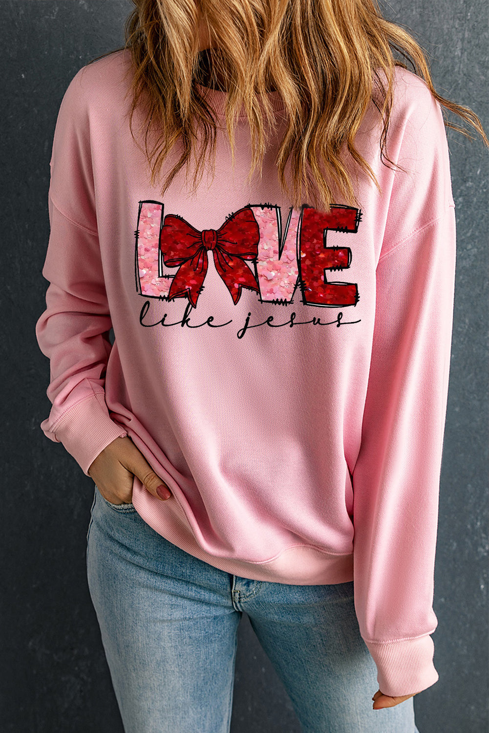 LOVE Valentine's Day Sequin Bow Crew Neck Pullover Sweatshirt