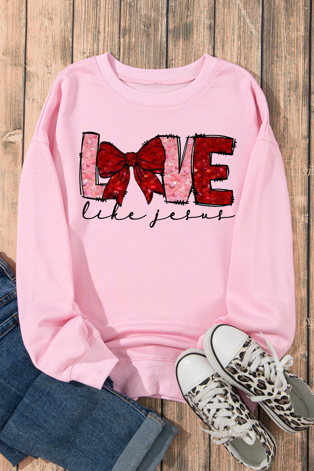 LOVE Valentine's Day Sequin Bow Crew Neck Pullover Sweatshirt