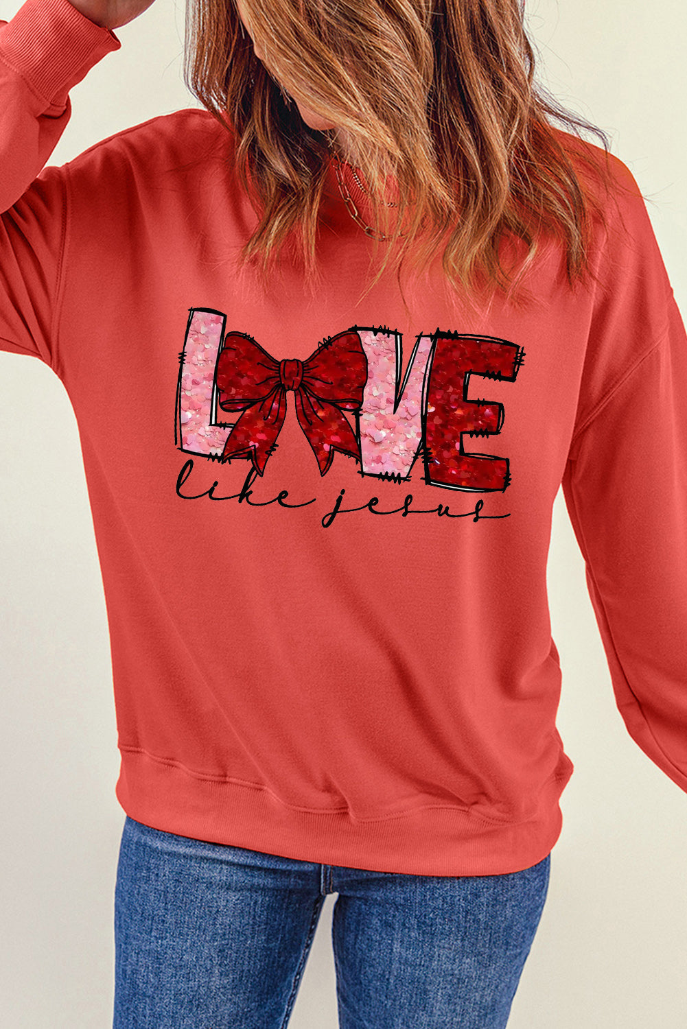 LOVE Valentine's Day Sequin Bow Crew Neck Pullover Sweatshirt