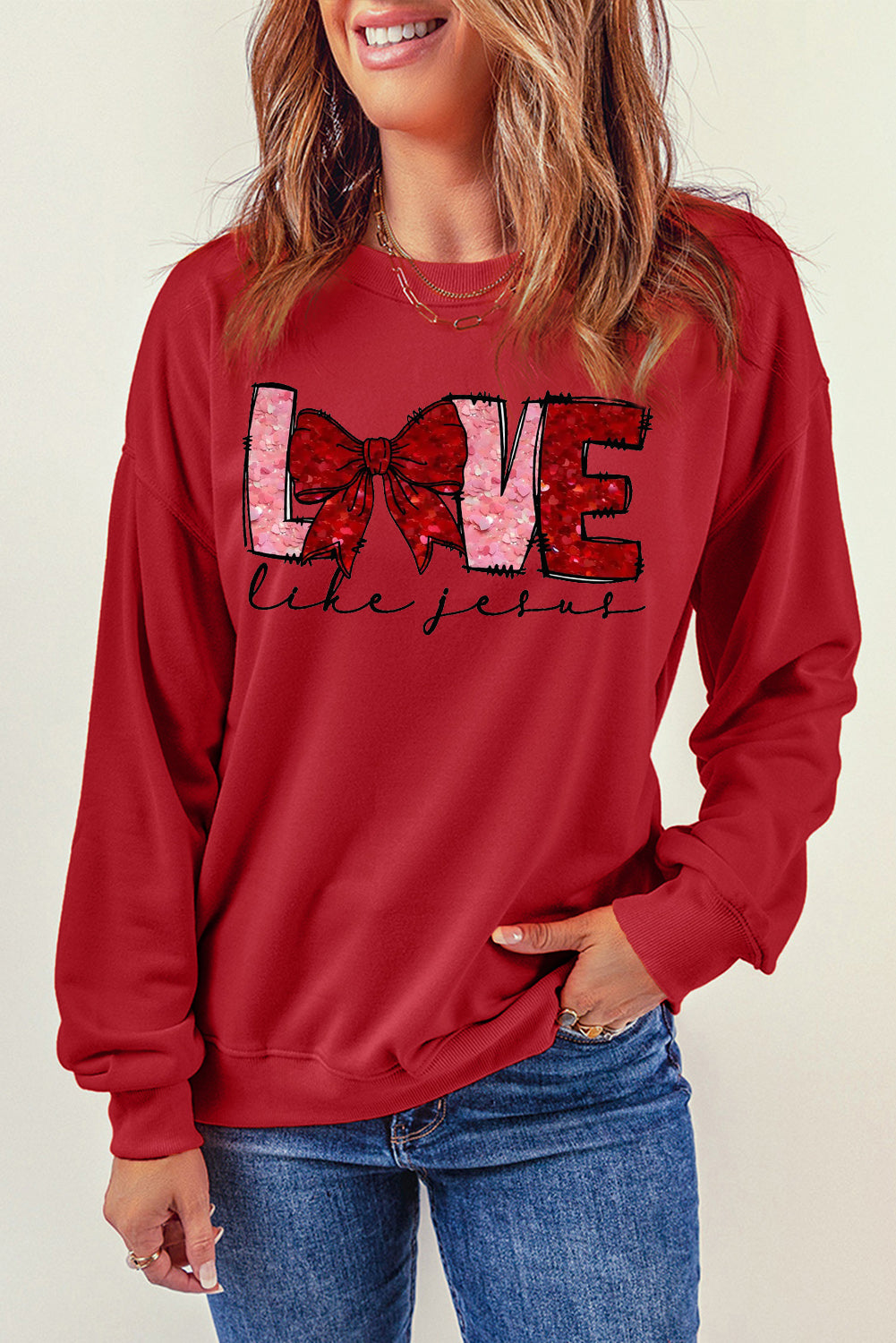 LOVE Valentine's Day Sequin Bow Crew Neck Pullover Sweatshirt