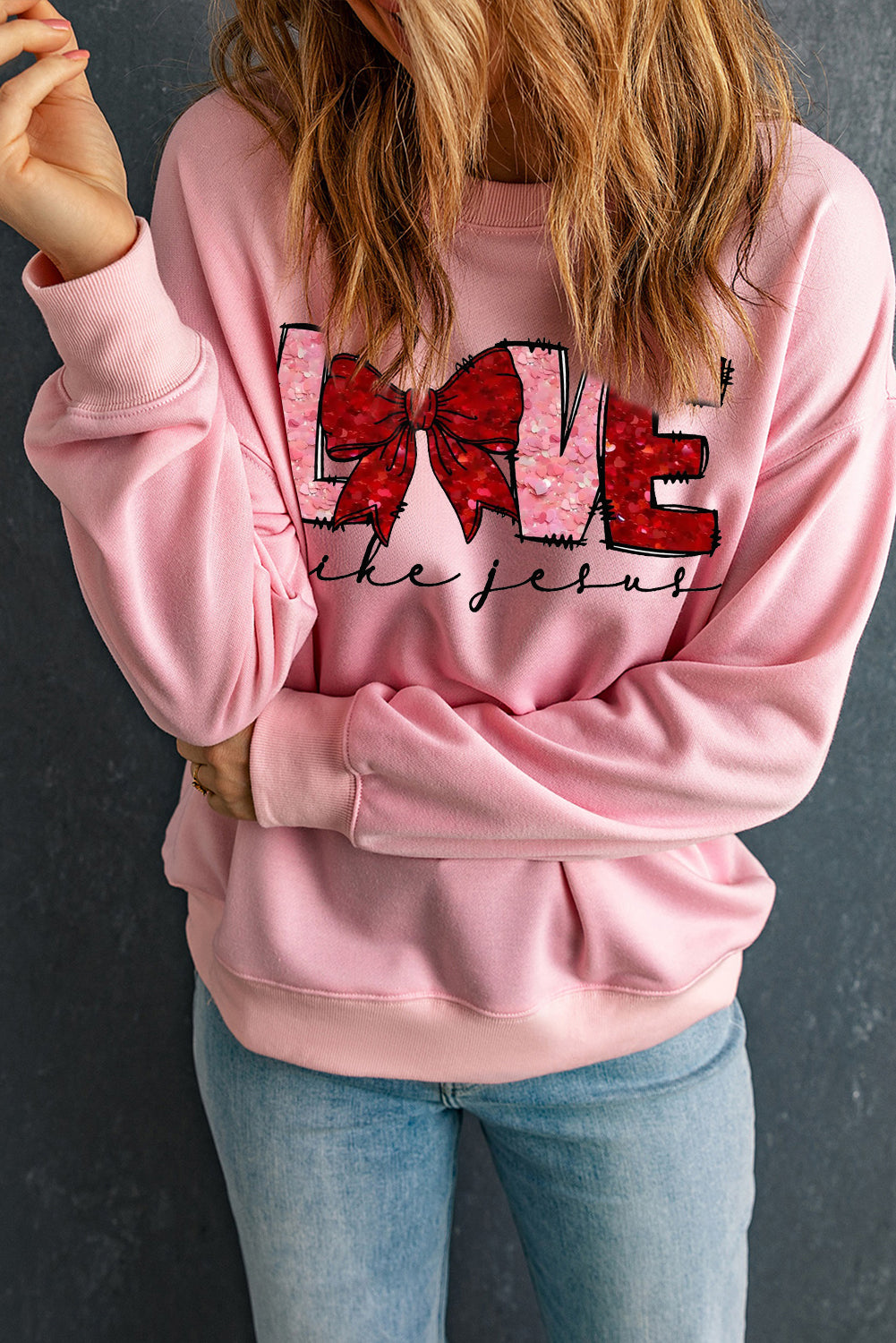 LOVE Valentine's Day Sequin Bow Crew Neck Pullover Sweatshirt