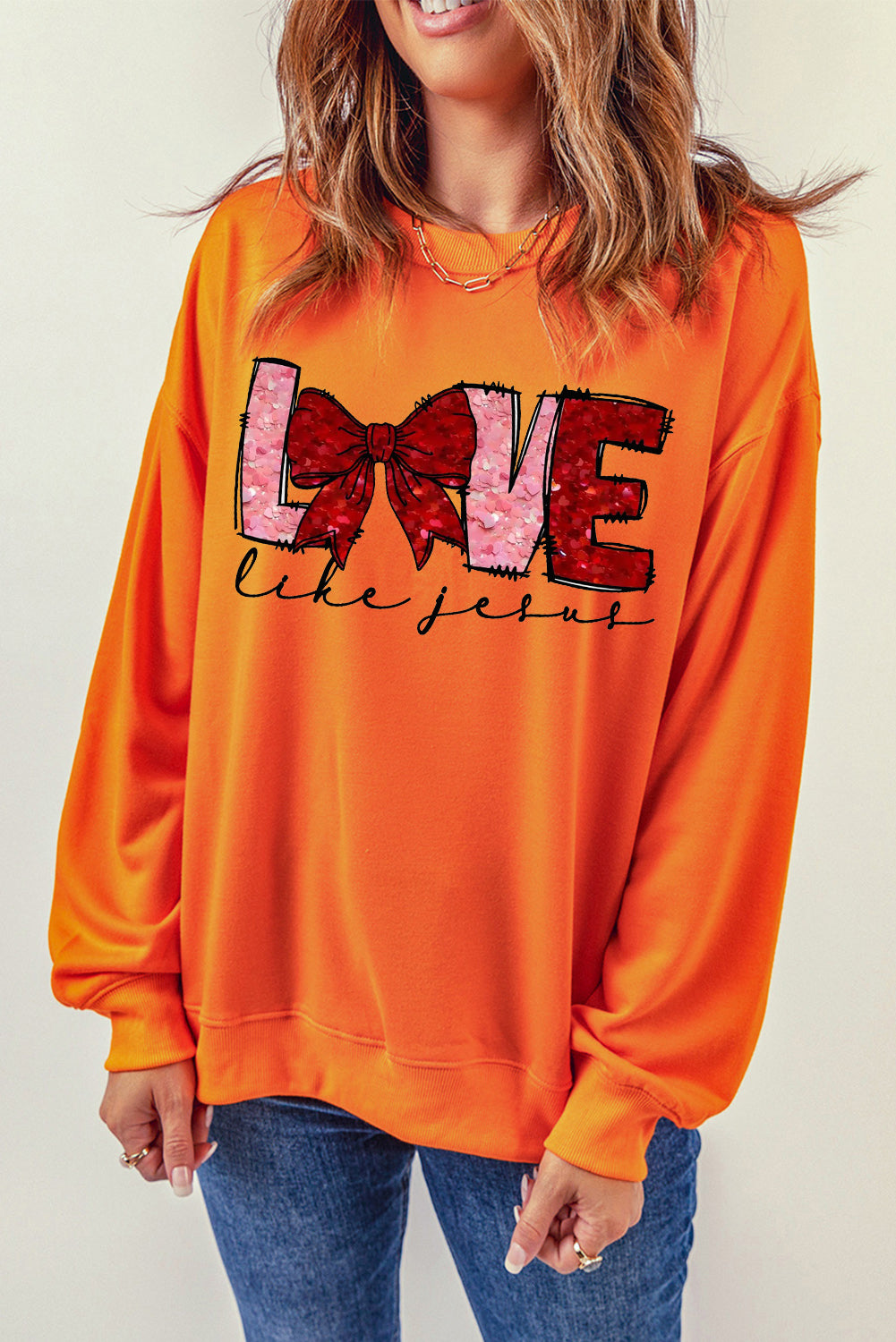 LOVE Valentine's Day Sequin Bow Crew Neck Pullover Sweatshirt