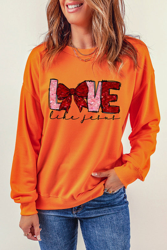 LOVE Valentine's Day Sequin Bow Crew Neck Pullover Sweatshirt