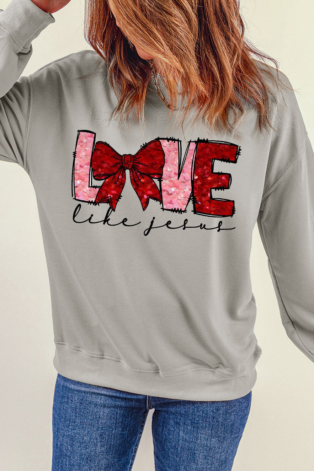 LOVE Valentine's Day Sequin Bow Crew Neck Pullover Sweatshirt