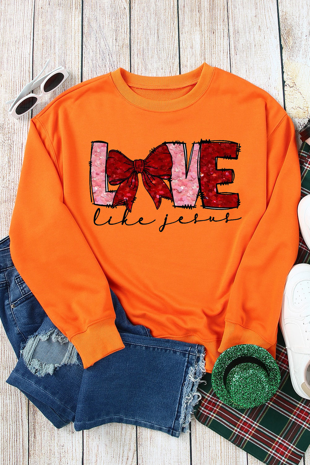 LOVE Valentine's Day Sequin Bow Crew Neck Pullover Sweatshirt