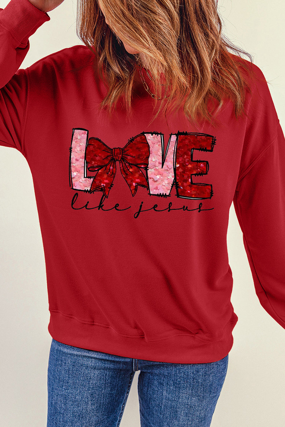 LOVE Valentine's Day Sequin Bow Crew Neck Pullover Sweatshirt