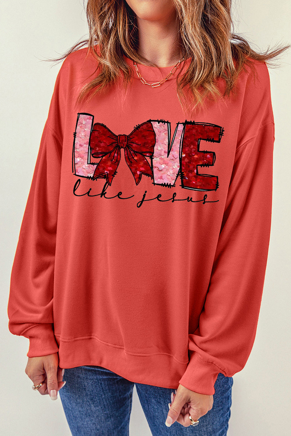 LOVE Valentine's Day Sequin Bow Crew Neck Pullover Sweatshirt