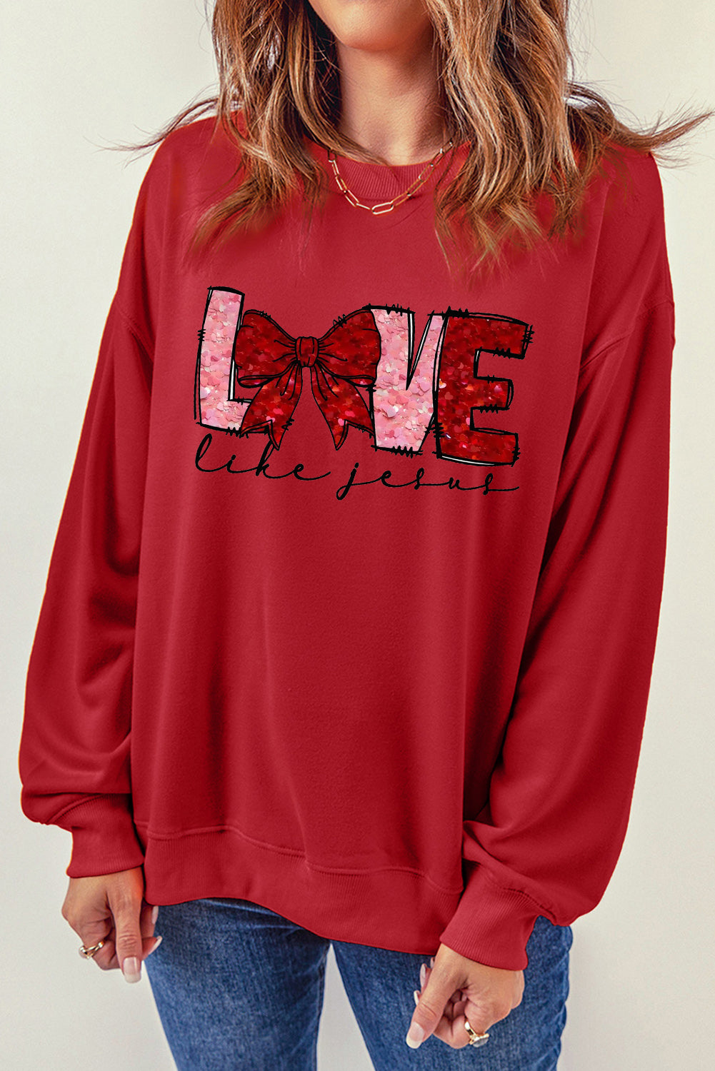 LOVE Valentine's Day Sequin Bow Crew Neck Pullover Sweatshirt