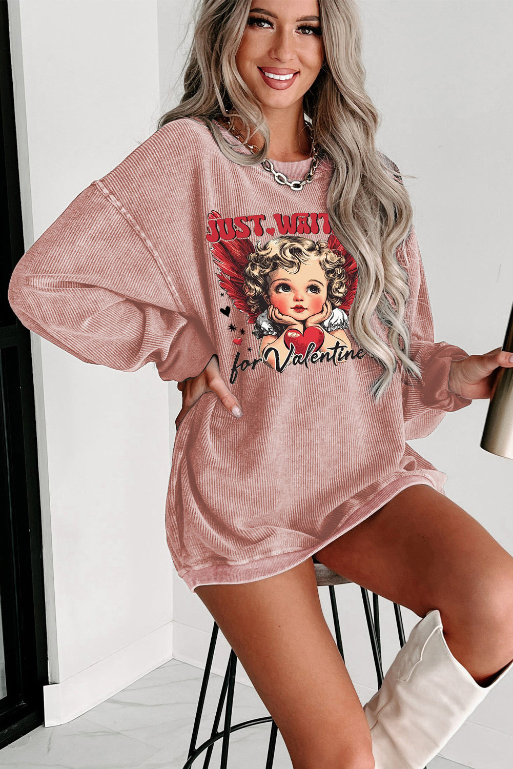 Valentine's Day Romantic Sweetheart Crew Neck Knit Sweatshirt