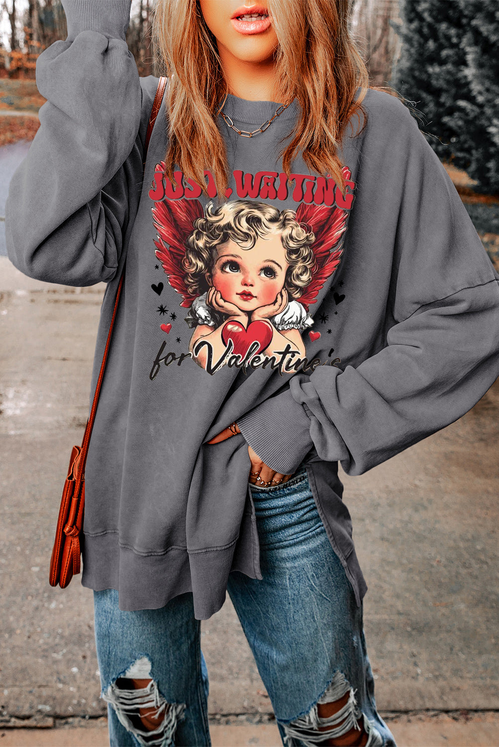 Date Night Heart Drop Shoulder Oversized Ribbed Sweatshirt