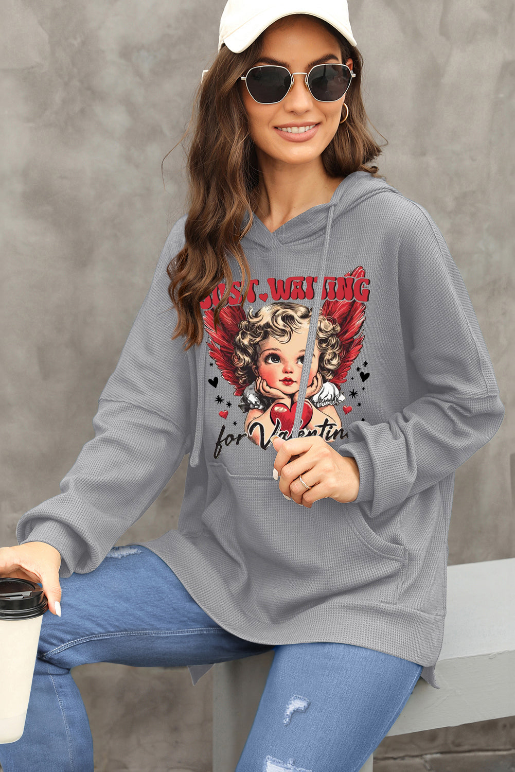 Valentine's Day Sweetheart Waffle Knit Fleece Lined Hoodie