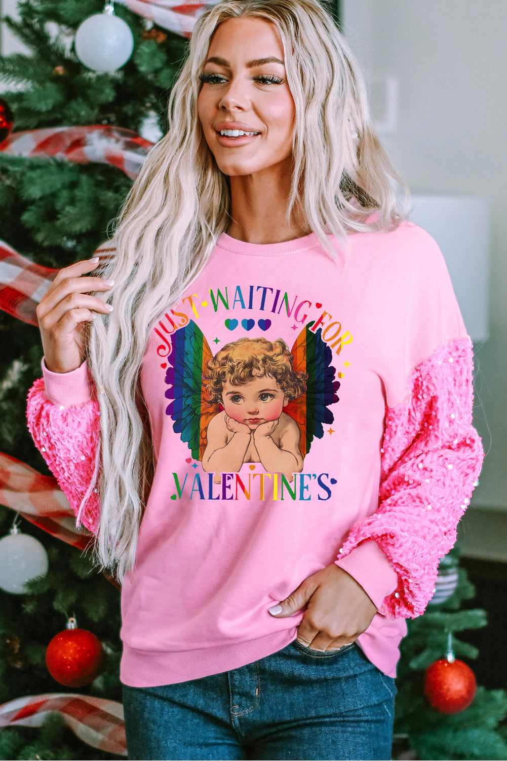 Valentine's Day Sweet Eros Sequin Patchwork Long Sleeve Pullover Sweatshirt