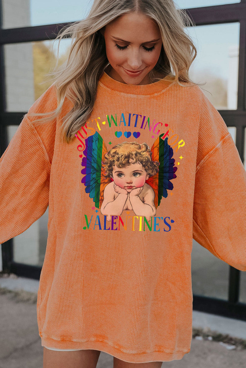 Valentine's Day Sweet Eros Heart Print Ribbed Corduroy Oversized Sweatshirt