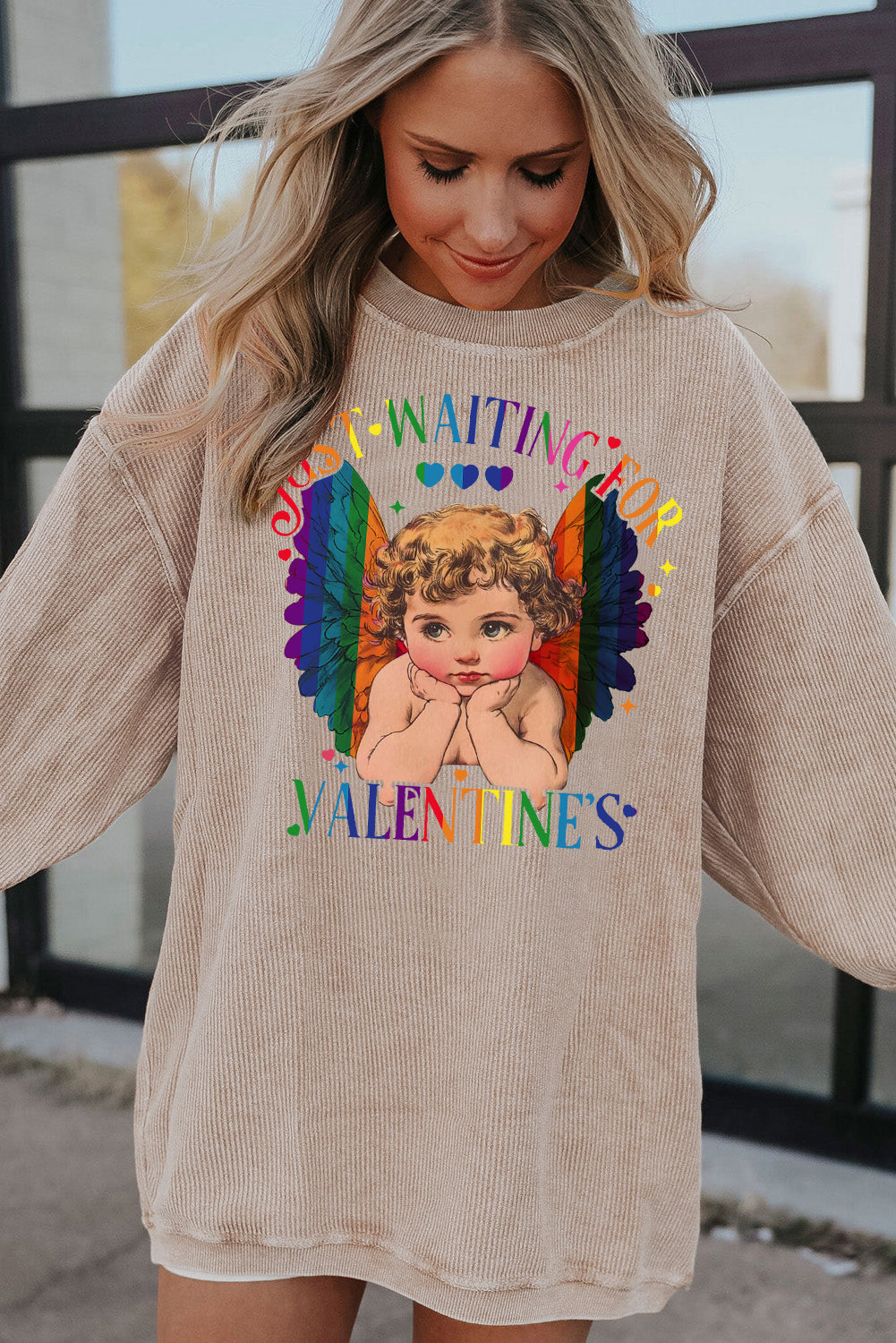 Valentine's Day Sweet Eros Heart Print Ribbed Corduroy Oversized Sweatshirt