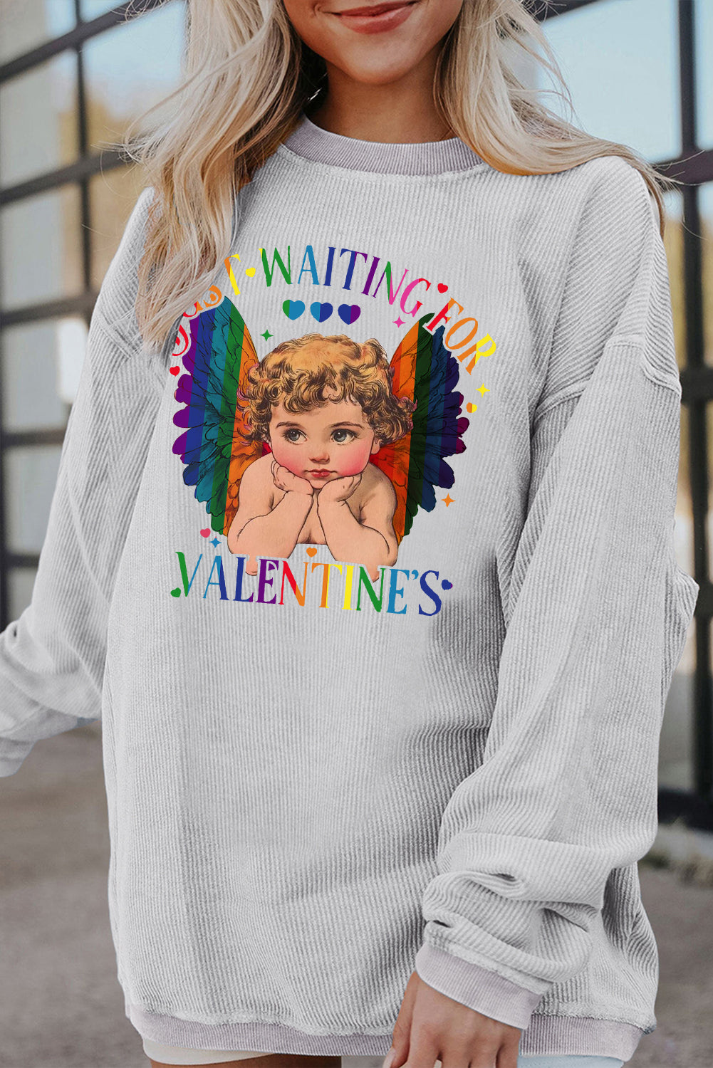 Valentine's Day Sweet Eros Heart Print Ribbed Corduroy Oversized Sweatshirt