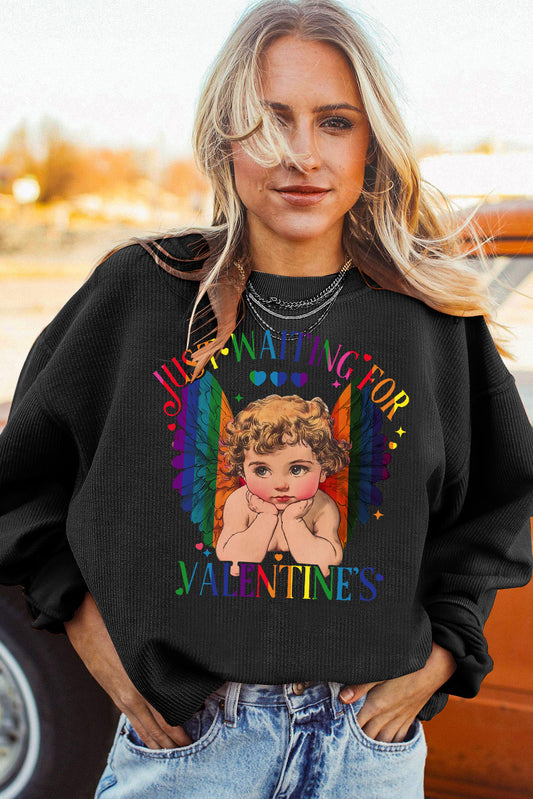 Valentine's Day Sweet Eros Heart Print Ribbed Corduroy Oversized Sweatshirt