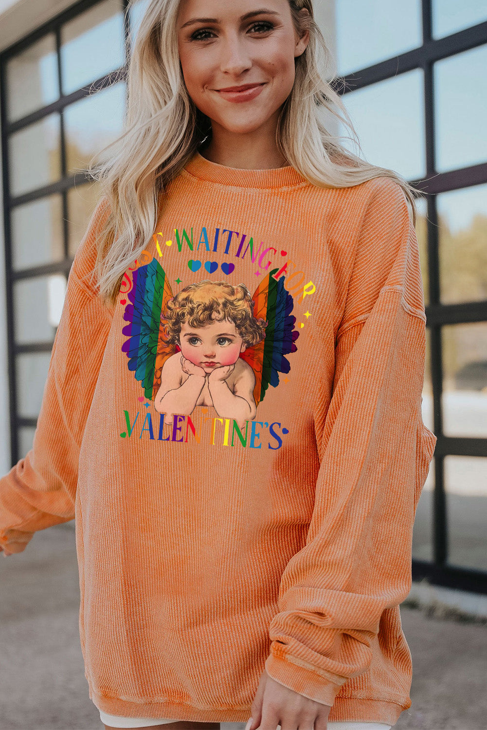 Valentine's Day Sweet Eros Heart Print Ribbed Corduroy Oversized Sweatshirt