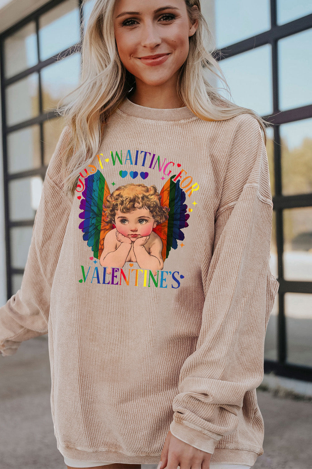 Valentine's Day Sweet Eros Heart Print Ribbed Corduroy Oversized Sweatshirt