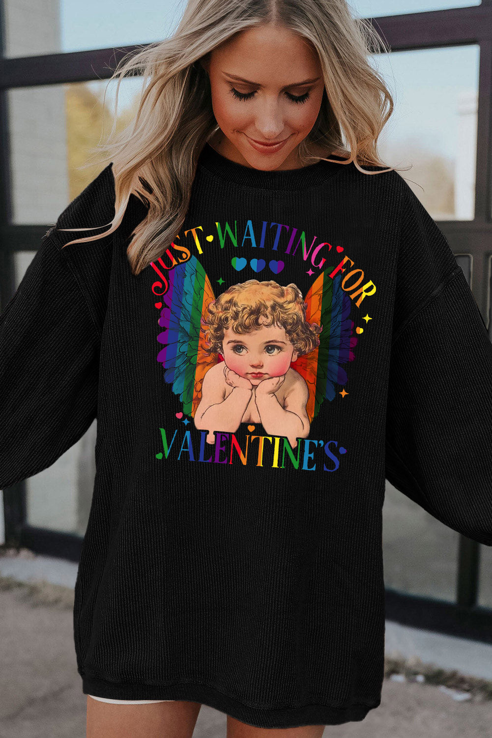 Valentine's Day Sweet Eros Heart Print Ribbed Corduroy Oversized Sweatshirt