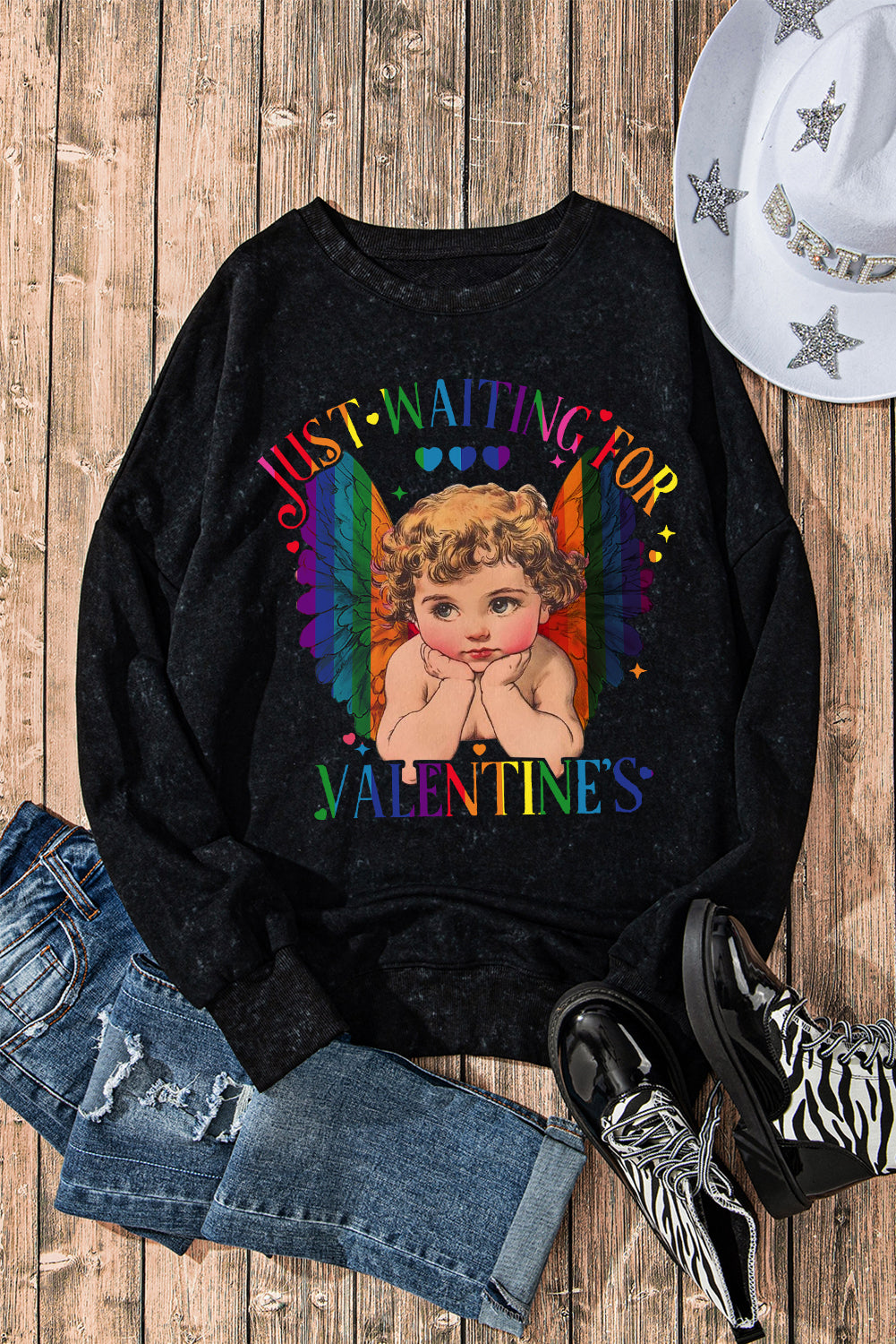 Valentine's Day Heart Oversized Drop Shoulder Ribbed Sweatshirt