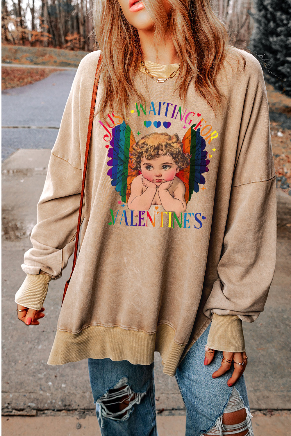 Valentine's Day Heart Oversized Drop Shoulder Ribbed Sweatshirt