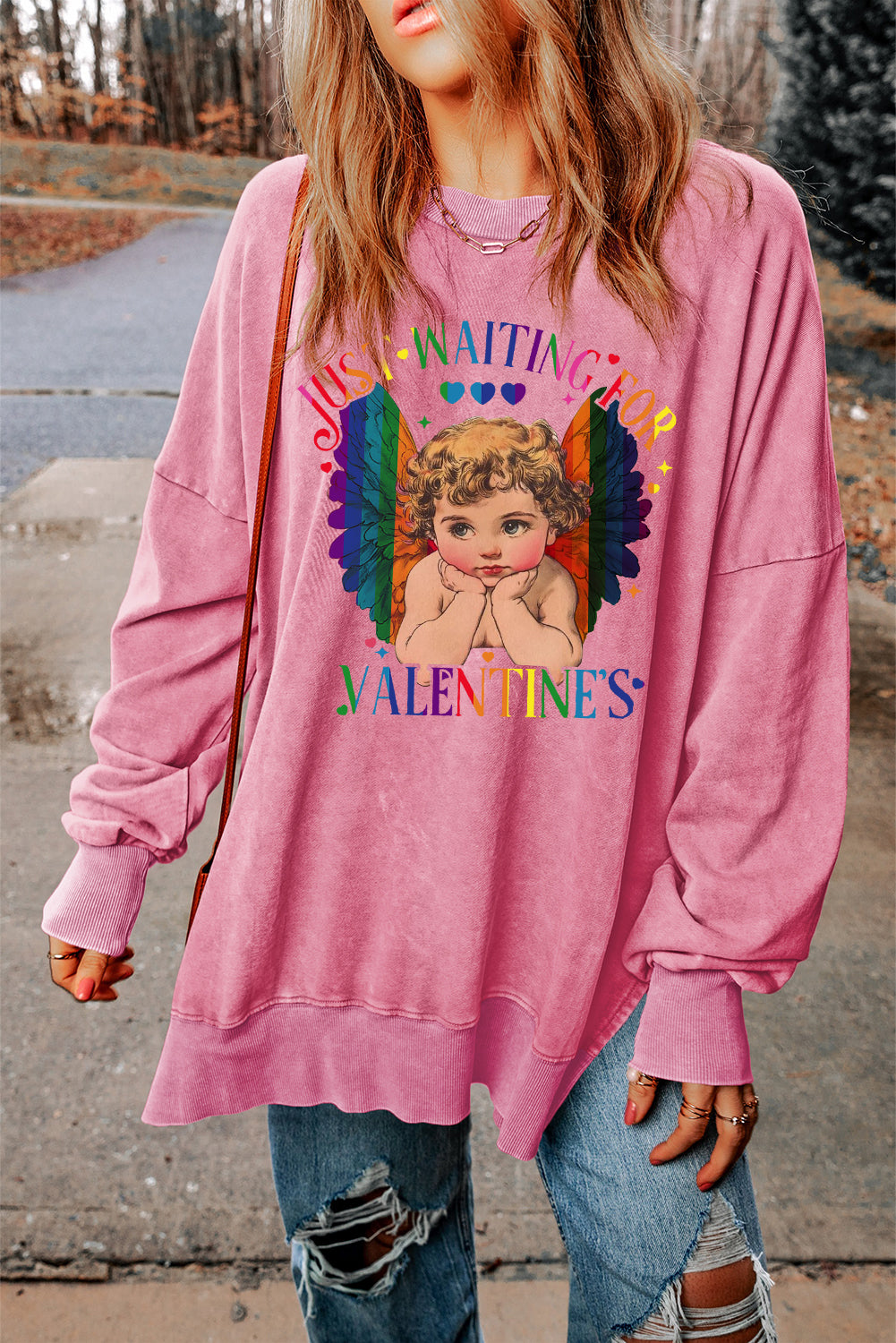 Valentine's Day Heart Oversized Drop Shoulder Ribbed Sweatshirt