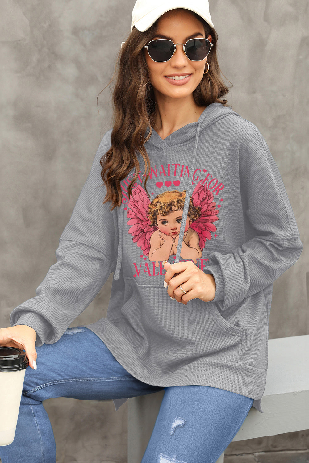 Valentine's Day Sweetheart Date Night Waffle Knit Fleece Lined Hoodie