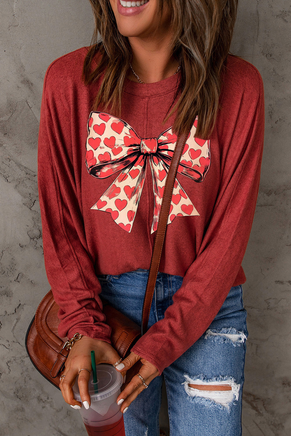 Valentine's Day Heart Bow Patchwork Knit Long Sleeve Top