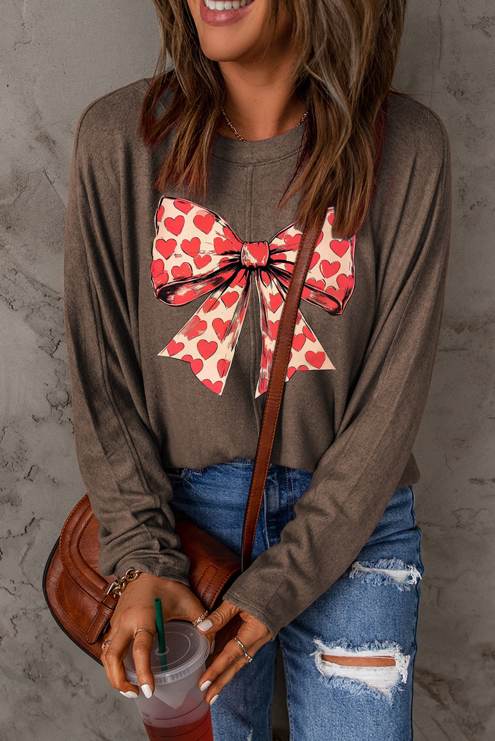 Valentine's Day Heart Bow Patchwork Knit Long Sleeve Top