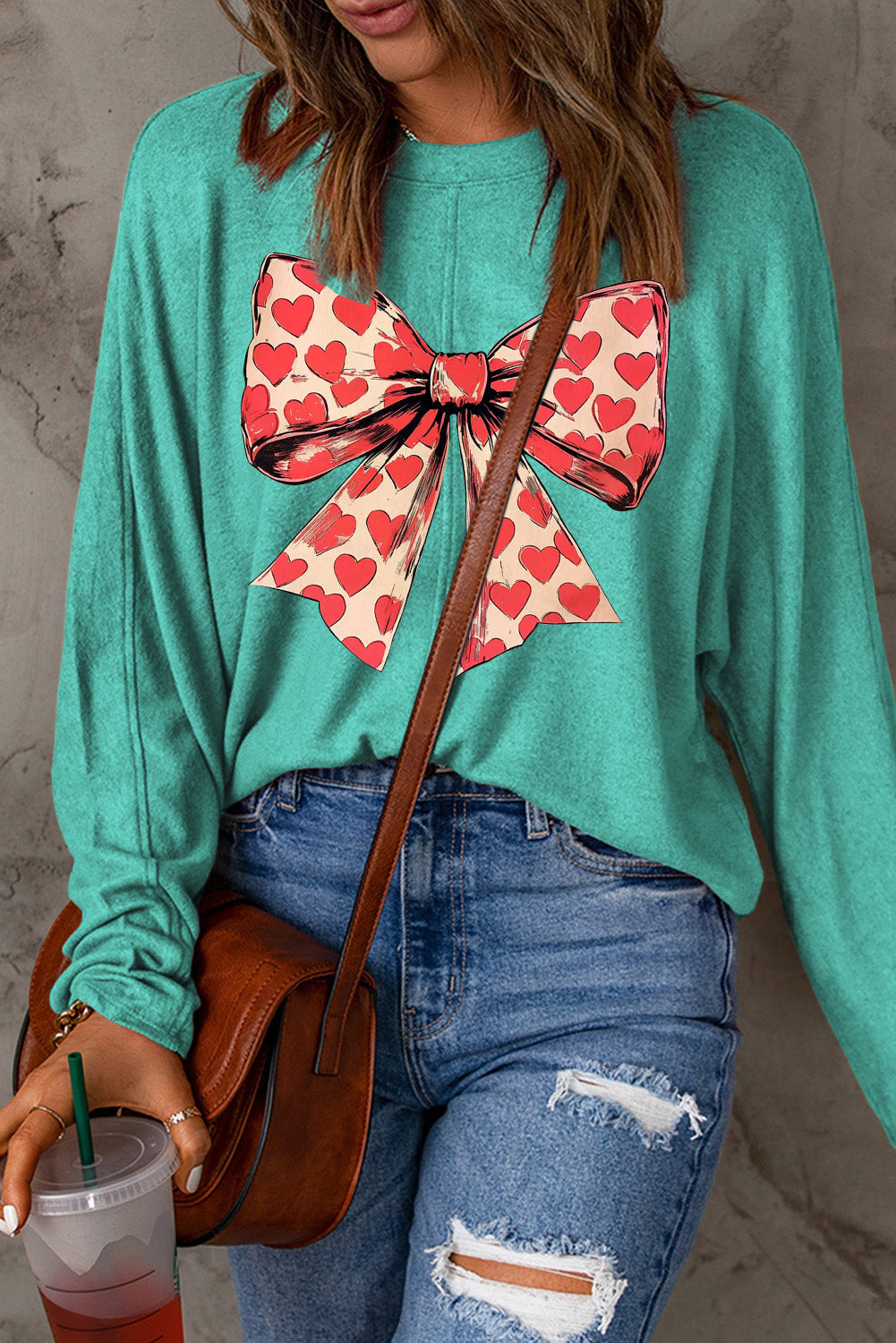 Valentine's Day Heart Bow Patchwork Knit Long Sleeve Top