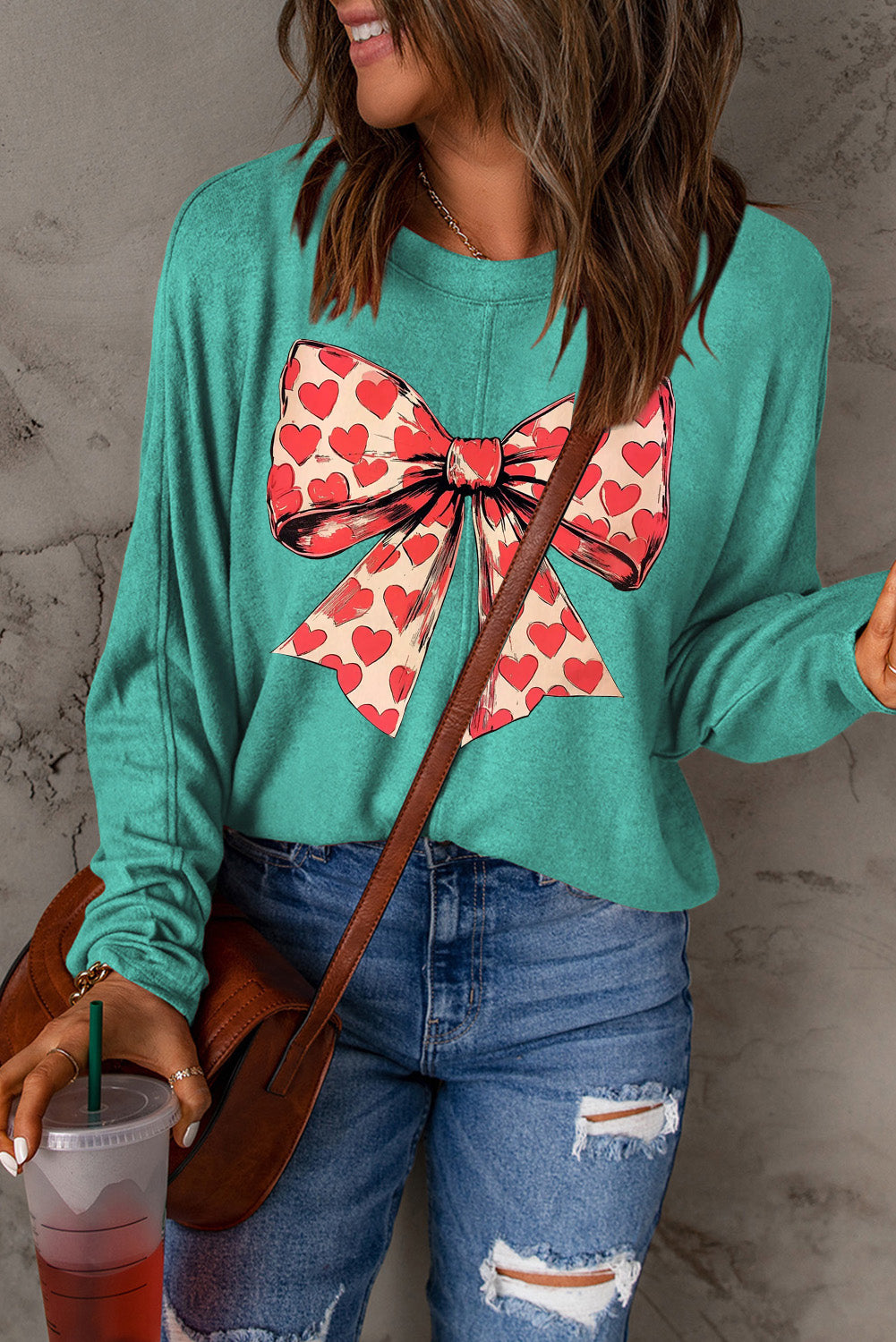 Valentine's Day Heart Bow Patchwork Knit Long Sleeve Top