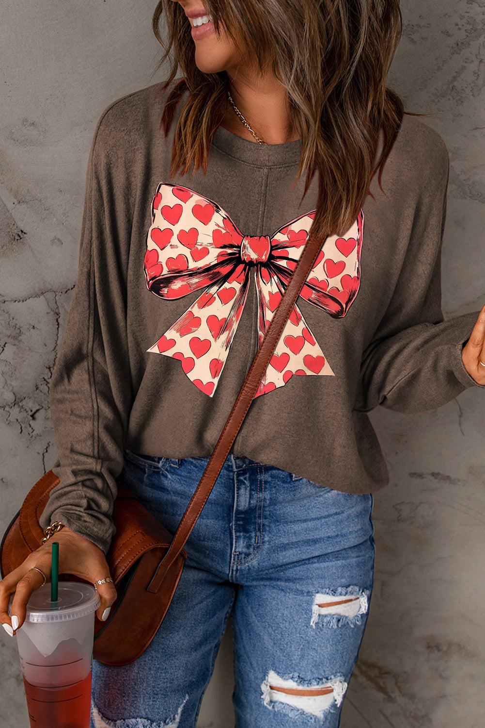 Valentine's Day Heart Bow Patchwork Knit Long Sleeve Top