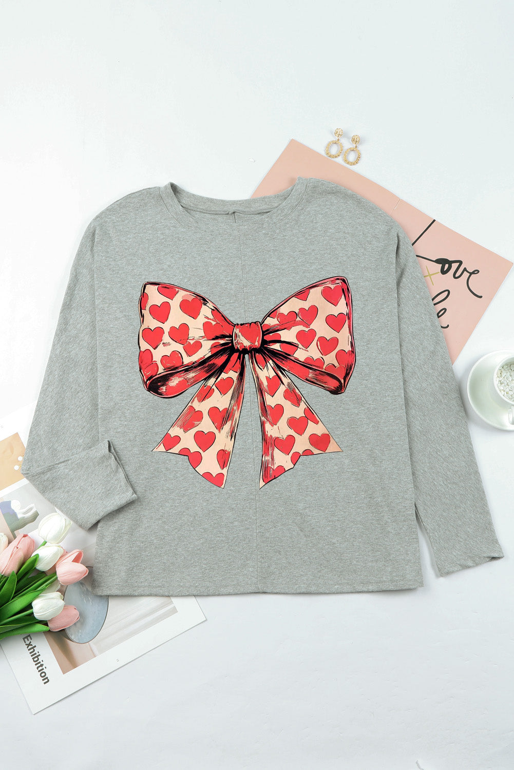 Valentine's Day Heart Bow Patchwork Knit Long Sleeve Top