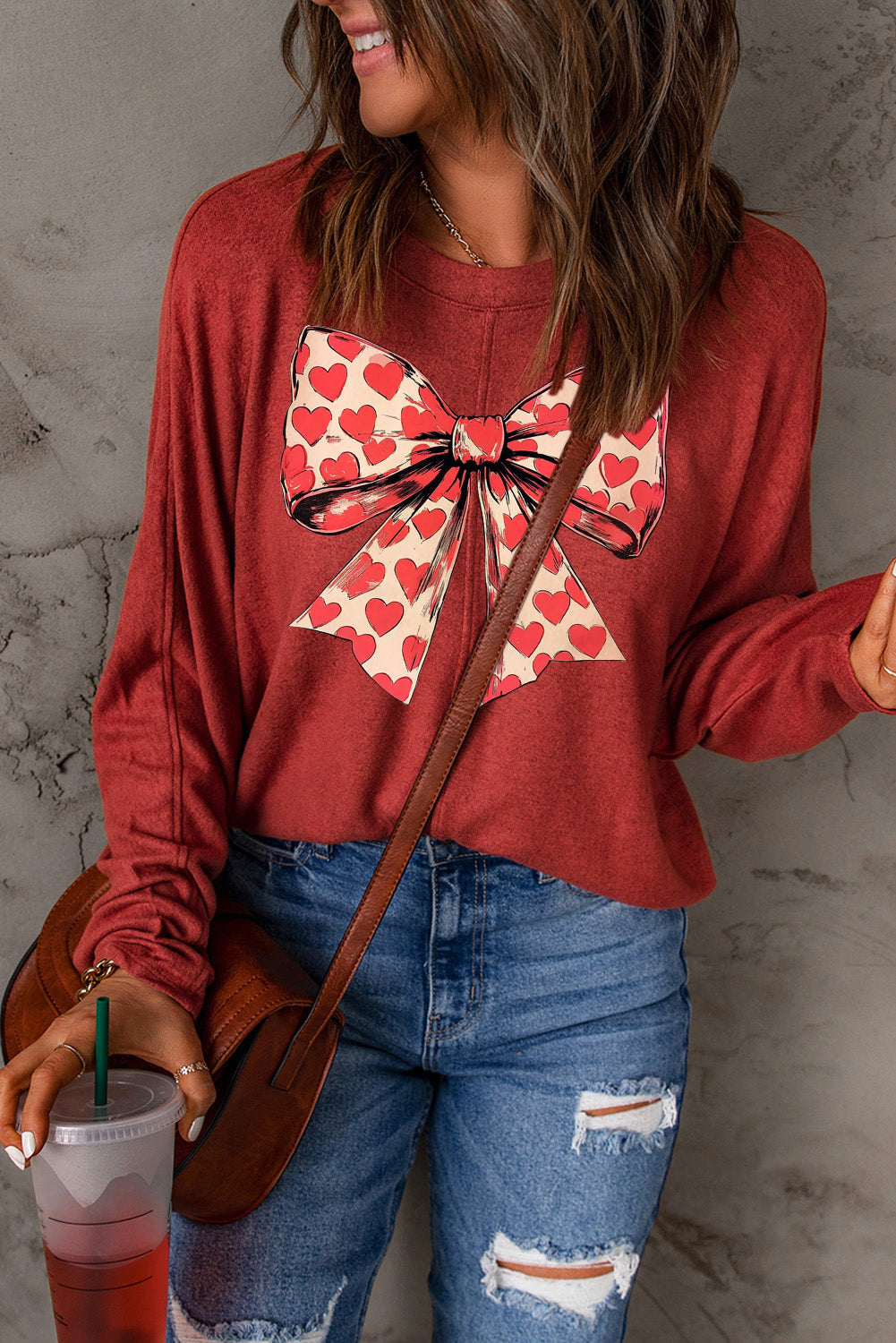 Valentine's Day Heart Bow Patchwork Knit Long Sleeve Top