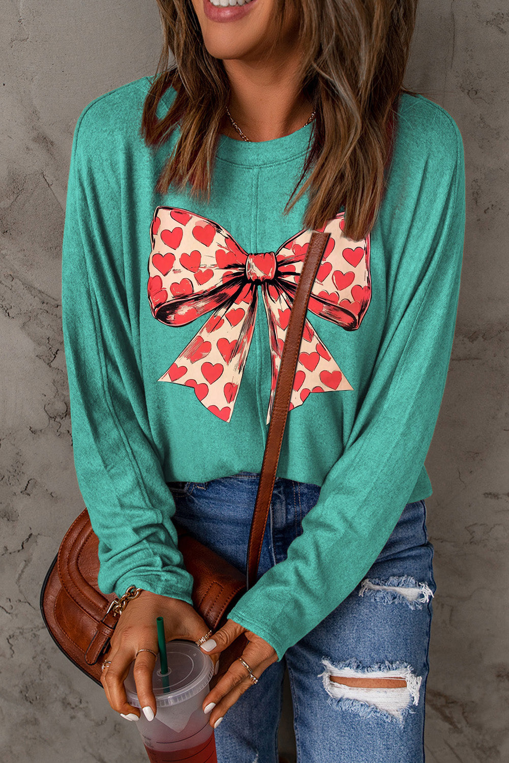 Valentine's Day Heart Bow Patchwork Knit Long Sleeve Top