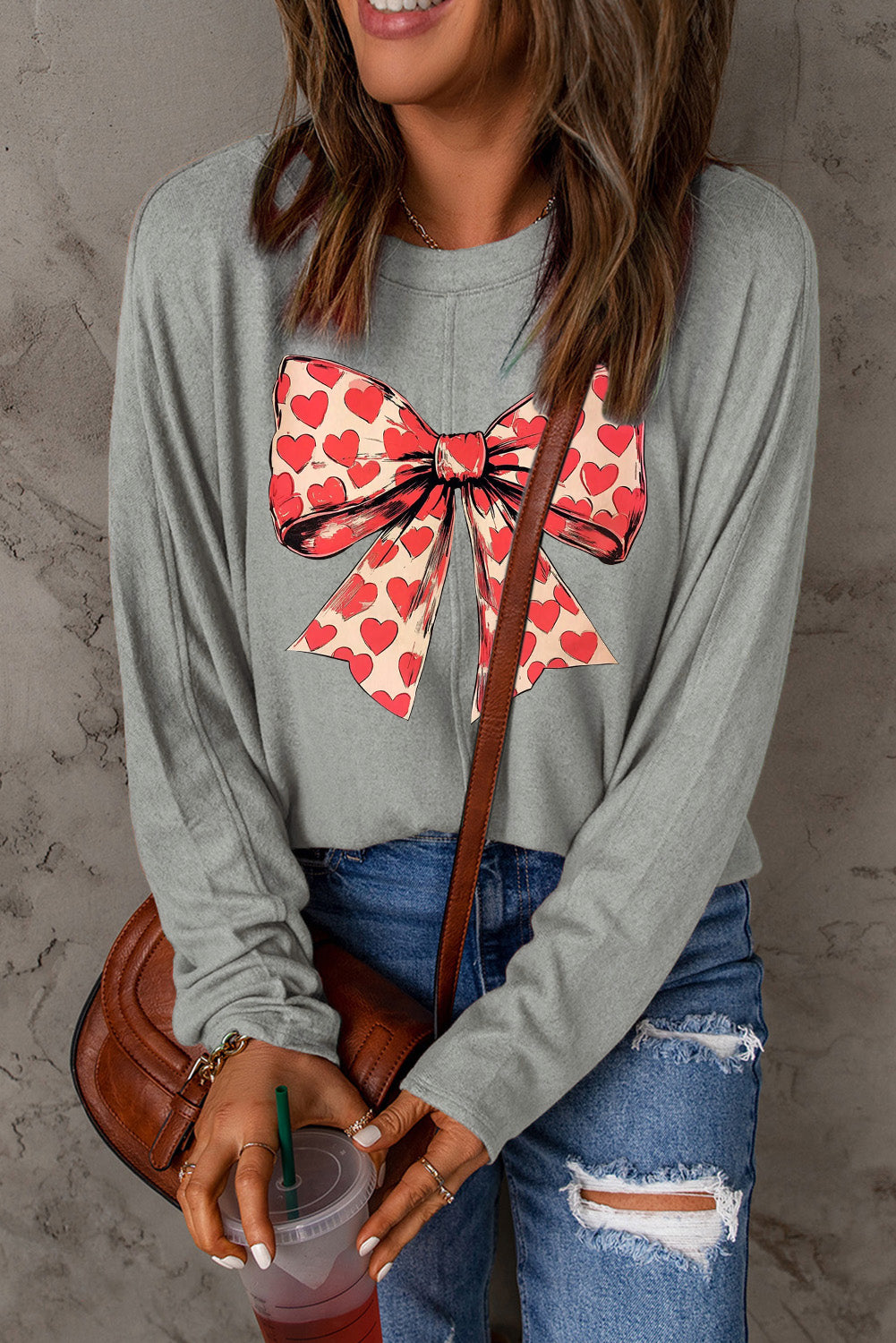 Valentine's Day Heart Bow Patchwork Knit Long Sleeve Top